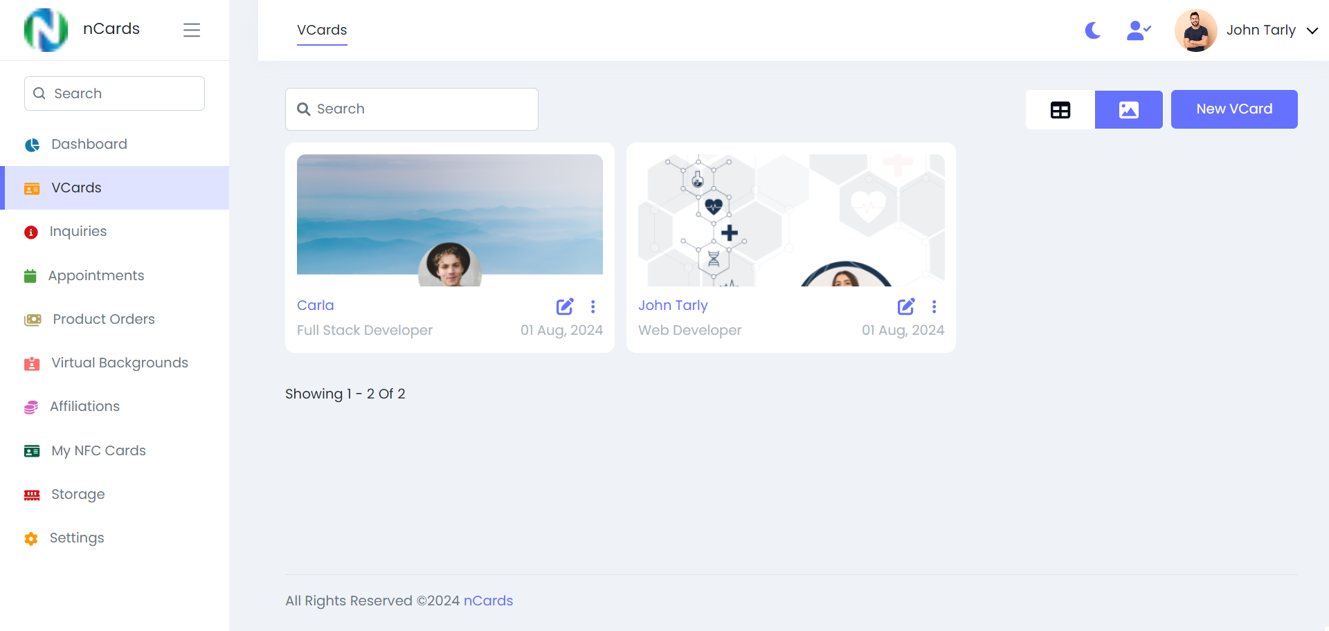 Digital business card — user panel — nCards